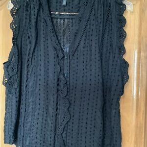 White House Black Market Black Eyelet Sleeveless Button-Front Blouse